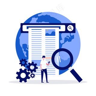 利用放大镜在互联网上查找信息的带字符的网络信息搜索概念。