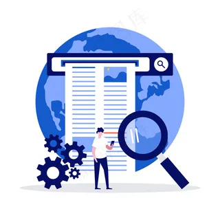 利用放大镜在互联网上查找信息的带字符的网络信息搜索概念。