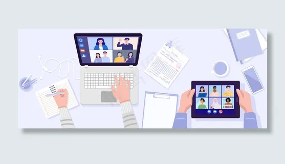 两人在家和朋友在平板电脑和笔记本电脑上进行视频会议的俯视图。矢量