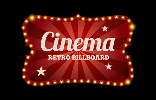 黑色霓虹灯环绕的复古风格电影院标志或广告牌