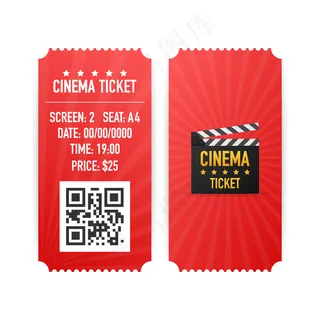 白色背景上孤立的电影院票。真实的前视图。电影横幅banner。电影院电影票集