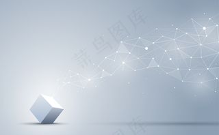 三维立方体与抽象几何多边形的连接。抽象背景。区块链和大数据概念。