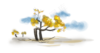 中国水墨手绘胡杨树