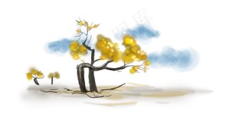 中国水墨手绘胡杨树