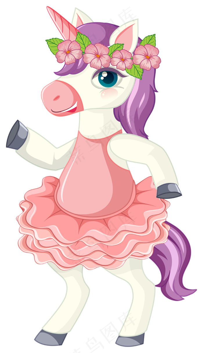 可爱的紫色独角兽戴着花冠站在白色背景上