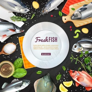 带各种鱼的白色圆形框架，用香料在黑色上烹调