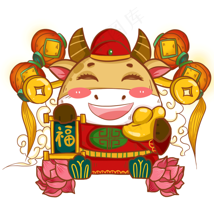 2021年春节牛年喜庆财神卡通牛(2000X2000(DPI:300))psd模版下载