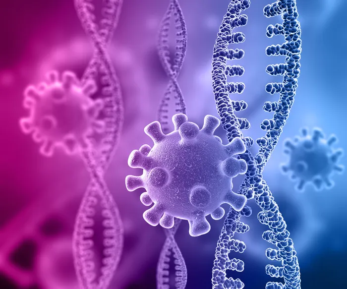 具有 dna 链和病毒细胞的医学背景的 3d 渲染