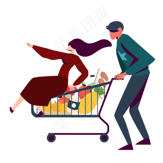 手绘卡通男孩推着购物车元素