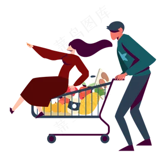 手绘卡通男孩推着购物车元素