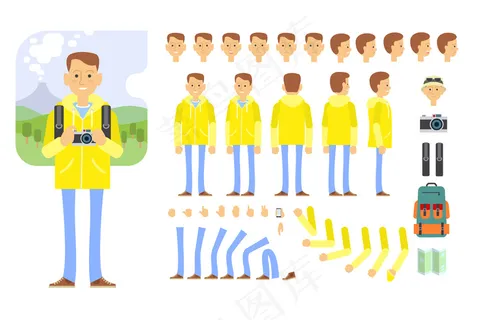 具有不同姿势、姿势、情感的游客角色集