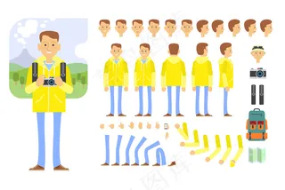 具有不同姿势、姿势、情感的游客角色集