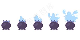 巫婆壶准备动画，一步一步。动画锅。雪碧壶药水