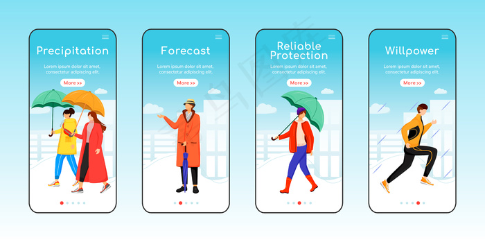 雨天步行入职手机app移动应用程序app屏幕模板。降水量，预报。带字符的漫游网站步骤。ux、ui、gui智能手机卡通界面、案例打印集eps,ai矢量模版下载