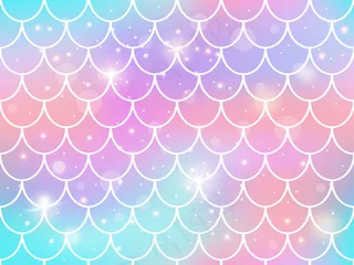美人鱼鳞片图案。彩虹公主美人鱼背景，神奇的水下鱼尾鳞片闪闪发光，卡瓦伊美人鱼背景图案。美人鱼皮鳞片，无缝海洋插图