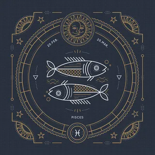 复古细线双鱼座星座标签。复古占星术符号，神秘，神圣几何元素，徽章，标志。笔划轮廓图。