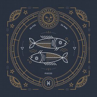 复古细线双鱼座星座标签。复古占星术符号，神秘，神圣几何元素，徽章，标志。笔划轮廓图。