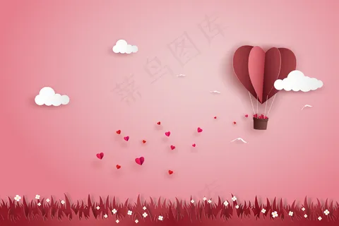 在情人节的草地上，折纸气球的心和许多迷你的心一起在天空中飞翔。