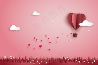 在情人节的草地上，折纸气球的心和许多迷你的心一起在天空中飞翔。