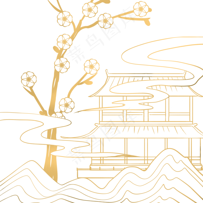 国潮线描建筑梅花(3000X3000(DPI:300))psd模版下载