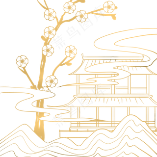 国潮线描建筑梅花