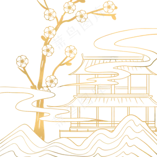 国潮线描建筑梅花 国潮线描建筑梅花