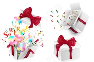 白色五彩彩纸背景，彩色气球和彩色礼品盒。插图。