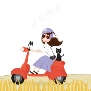 卡通小女孩骑车子在野外