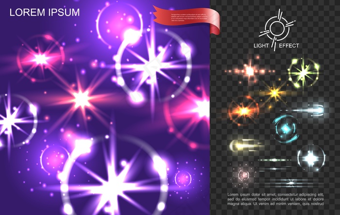 真实的光效果明亮的组成与发光的星星闪光镜头闪光效果
