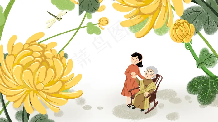 黄色系卡通手绘风重阳节母女配图(2880*1620px 300 dpi )psd模版下载