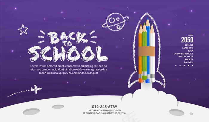 彩色铅笔火箭发射到太空背景，欢迎回到学校的概念eps,ai矢量模版下载