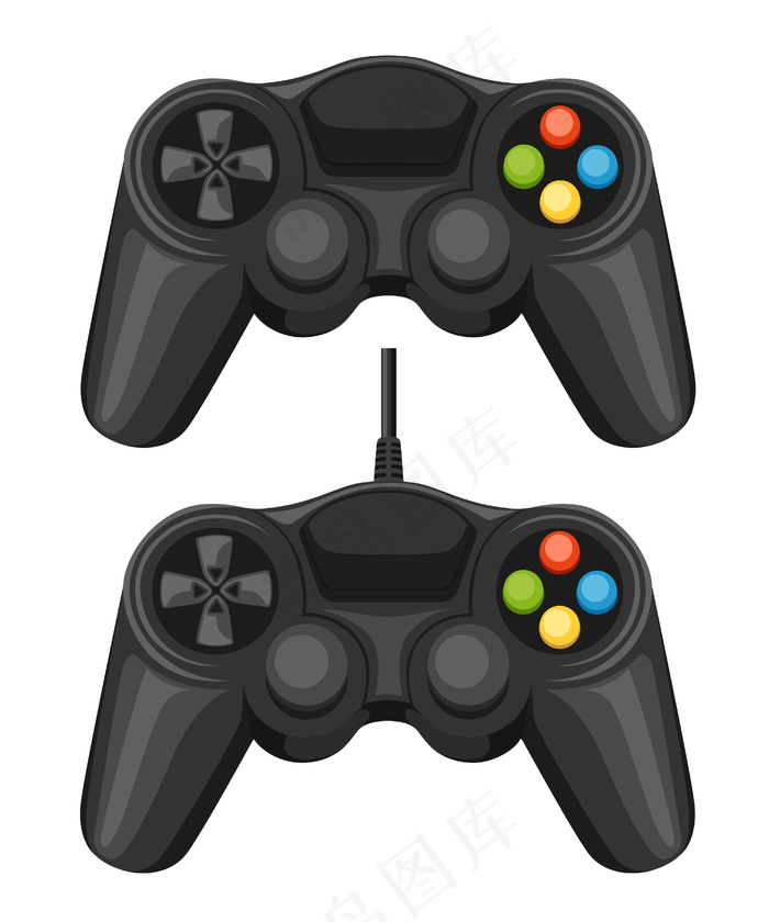 有线和无线游戏垫。黑色电子游戏控制器。用于pc或控制台游戏的gamepad。白色背景上的插图。eps,ai矢量模版下载