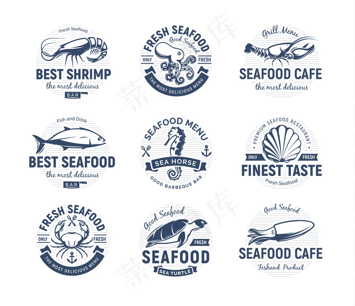 海鲜标志套装。海洋生物，钓鱼或餐馆的标志。复古风格标志模板。