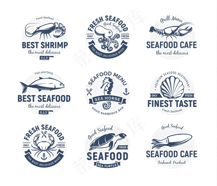 海鲜标志套装。海洋生物，钓鱼或餐馆的标志。复古风格标志模板。eps,ai矢量模版下载
