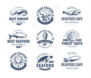 海鲜标志套装。海洋生物，钓鱼或餐馆的标志。复古风格标志模板。