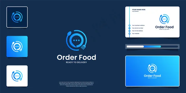 带有应用程序app图标的食品标识，餐厅，咖啡馆。结合谈话，叉子，汤匙标志设计和名片。