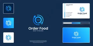 带有应用程序app图标的食品标识，餐厅，咖啡馆。结合谈话，叉子，汤匙标志设计和名片。