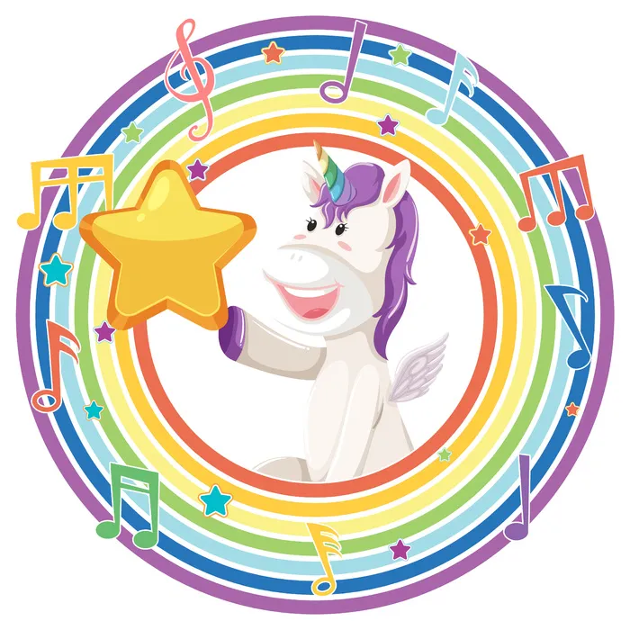 带旋律符号的彩虹圆框独角兽eps,ai矢量模版下载