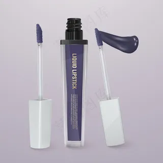 逼真,深蓝色液体口红与口红笔刷。3d插图,时尚的化妆品设计 逼真,深蓝色液体口红与口红笔刷。3d插图,时尚的化妆品设计