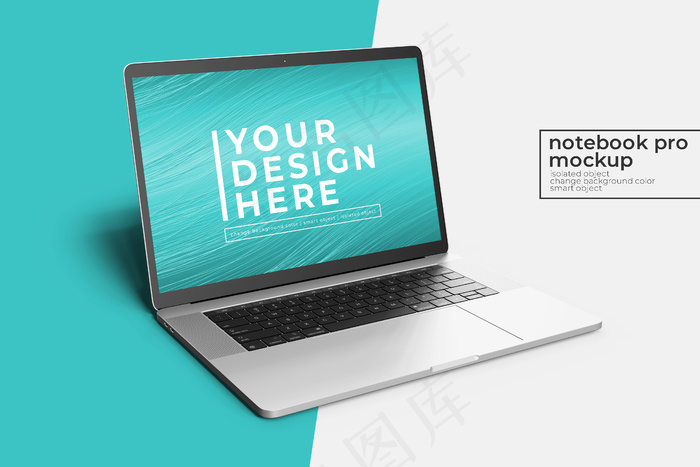 可更换的高度逼真的高级15英寸笔记本电脑pro photoshop模型样机在左前视图与背景psd模版下载