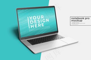 可更换的高度逼真的高级15英寸笔记本电脑pro photoshop模型样机在左前视图与背景