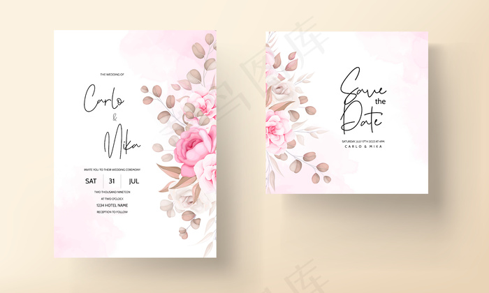 手绘桃色和棕色花朵的婚礼请柬