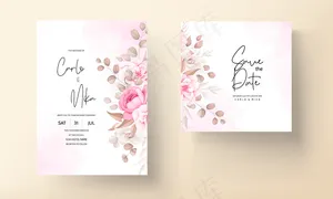 手绘桃色和棕色花朵的婚礼请柬