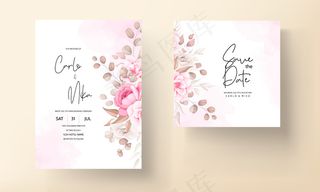 手绘桃色和棕色花朵的婚礼请柬