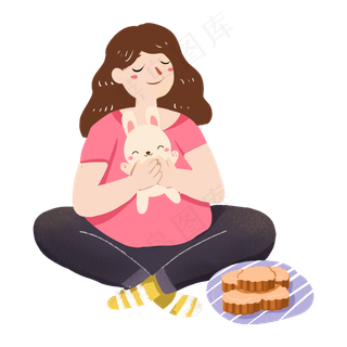 中秋节女孩抱兔子吃月饼PNG