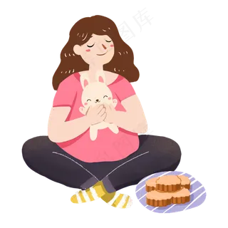 中秋节女孩抱兔子吃月饼PNG