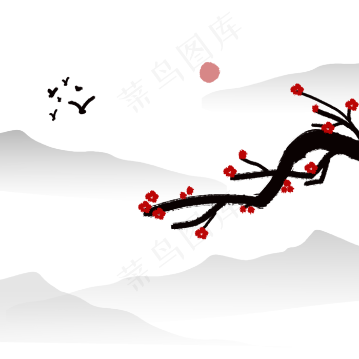 水墨远山大雁群飞梅花开(2000X2000(DPI:300))psd模版下载