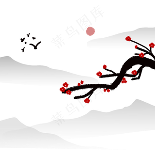 水墨远山大雁群飞梅花开