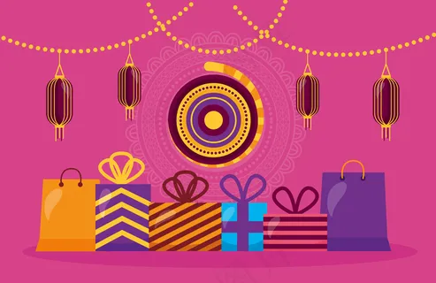 挂着礼物和灯的快乐排灯节卡片