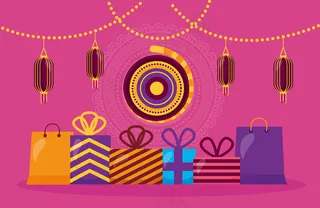 挂着礼物和灯的快乐排灯节卡片